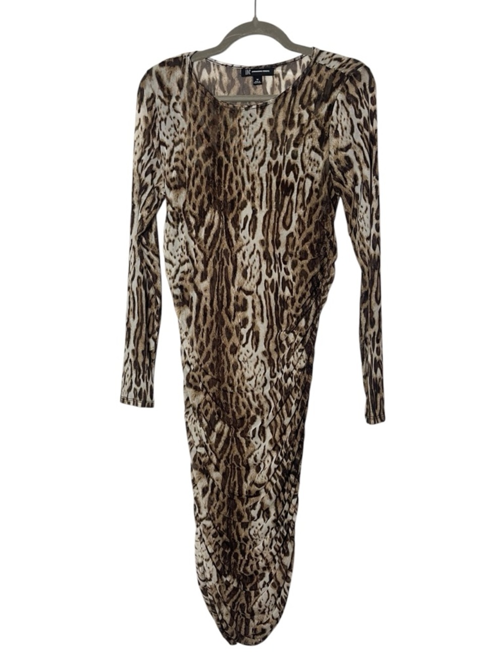 INC Leopard Mesh Ruched Bodycon Dress Long Sleeve size Medium Y2K